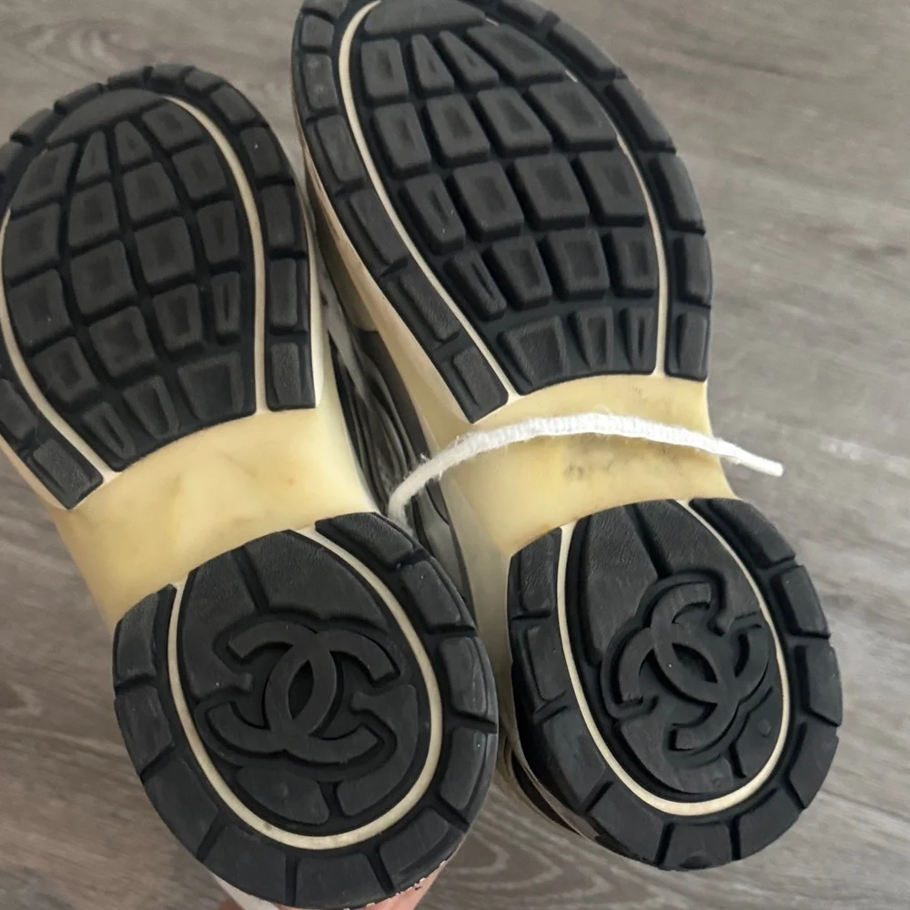 CHANEL White and Silver Mesh Logo Sneakers